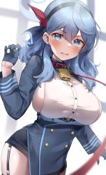Rule 34 | 1girl, ako (blue archive), bell, blue archive, blue eyes, blue hair, blush, breasts, collar, commentary request, earrings, gloves, hair between eyes, hair ornament, hairband, highres, jewelry, large breasts, looking at viewer, neck bell, open mouth, sideboob, tearing up, thighhighs, thighs, uniform, usa b