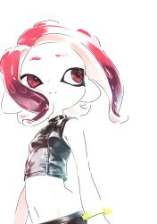 Rule 34 | 1girl, agent 8 (splatoon), breasts, closed mouth, frown, groin, highres, medium hair, navel, nintendo, octoling, octoling girl, octoling player character, red eyes, red hair, simple background, small breasts, solo, splatoon (series), splatoon 2, splatoon 2: octo expansion, split mouth, suction cups, tenshinhannnn, tentacle hair, white background, zipper