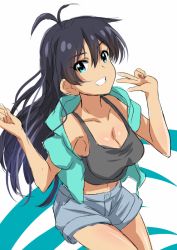 Rule 34 | 1girl, ahoge, aqua eyes, armpits, bare legs, bare shoulders, black hair, blue shorts, breasts, cleavage, clenched hand, clenched teeth, collarbone, dars (recolors), denim, denim shorts, female focus, ganaha hibiki, grin, hair between eyes, hair down, idolmaster, idolmaster (classic), large breasts, legs, long hair, looking at viewer, midriff, neck, open clothes, open shirt, shirt, short shorts, shorts, simple background, smile, solo, tank top, teeth, v, white background