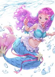 Rule 34 | 1girl, :d, absurdres, blue eyes, bubble, full body, hair ornament, highres, hiiragi syuu, jewelry, laura (precure), long hair, looking at viewer, mermaid, midriff, monster girl, navel, necklace, open mouth, pearl necklace, pink hair, precure, sleeveless, smile, solo, star (symbol), tropical-rouge! precure, twitter username, underwater