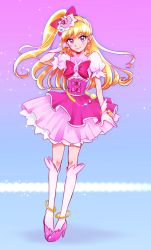 Rule 34 | 1girl, asahina mirai, bad id, bad pixiv id, blonde hair, blue background, bow, brooch, cure miracle, full body, gloves, gradient background, hair bow, hairband, half updo, hat, jewelry, kneehighs, long hair, looking at viewer, magical girl, mahou girls precure!, mini hat, mini witch hat, pink background, pink bow, pink footwear, pink hat, pink skirt, ponytail, precure, puffy sleeves, purple eyes, red bow, shoes, skirt, smile, socks, solo, sparkle, standing, sukebeipeople, white gloves, white socks, witch hat