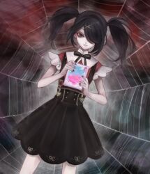 Rule 34 | 1girl, ame-chan (needy girl overdose), artist request, black eyes, black hair, black ribbon, book, bow, hair bow, hair ornament, hair over one eye, holding, holding book, jirai kei, light smile, looking at viewer, neck ribbon, needy girl overdose, red shirt, ribbon, second-party source, shirt, silk, skirt, solo, spider web, suspender skirt, suspenders, twintails, x hair ornament