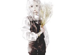 Rule 34 | 1girl, arm at side, black eyes, black pants, flower, highres, long hair, long sleeves, looking at viewer, original, pants, shirone (coxo ii), simple background, solo, standing, white background, white hair