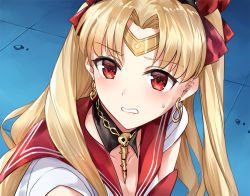Rule 34 | 1girl, asle, bishoujo senshi sailor moon, blonde hair, blush, breasts, chain, choker, cleavage, cosplay, derivative work, earrings, embarrassed, ereshkigal (fate), eyes visible through hair, fate/grand order, fate (series), floor, hair ribbon, jewelry, long hair, looking away, looking to the side, meme, necklace, parody, parted bangs, portrait, red eyes, red ribbon, red sailor collar, ribbon, sailor collar, sailor moon, sailor moon (cosplay), sailor moon redraw challenge (meme), sailor senshi uniform, solo, sweat, tiara, two side up