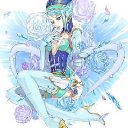 Rule 34 | 10s, 1girl, bare shoulders, blue eyes, blue flower, blue hair, blue rose, blue rose (tiger &amp; bunny), boots, breasts, cleavage, earrings, elbow gloves, female focus, fingernails, flower, gloves, gradient background, gun, hat, high heels, ice, jewelry, karina lyle, kurosawa tomo, lipstick, makeup, matching hair/eyes, plant, pointing, rose, shoes, short hair, solo, superhero costume, thigh boots, thighhighs, tiger &amp; bunny, weapon, white background