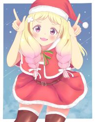 Rule 34 | 1girl,  sebire , blonde hair, hat, highres, long hair, looking at viewer, love live!, love live! superstar!!, onitsuka natsumi, open mouth, outdoors, purple eyes, santa costume, santa hat, smile, solo