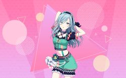 Rule 34 | 1girl, arms behind head, arms up, black bow, black choker, black gloves, black hairband, blue eyes, blue hair, bow, breasts, buckle, buddy funny spend time (project sekai), checkered shorts, choker, circle, clover, collarbone, colorful palette, contrapposto, cowboy shot, criss-cross halter, crop top, diagonal stripes, dot nose, expressionless, eyes visible through hair, frilled shorts, frilled sleeves, frills, garter straps, gloves, green shorts, hairband, halterneck, heart, heart-shaped buckle, highres, hinomori shizuku, light blue hair, long hair, looking at viewer, midriff, mole, mole under mouth, navel, official art, parted lips, pink background, project sekai, puffy short sleeves, puffy shorts, puffy sleeves, short sleeves, shorts, simple background, small breasts, solo, straight hair, string of light bulbs, striped clothes, striped shorts, swept bangs, triangle, tsurime, vertical-striped clothes, vertical-striped shorts, waist bow, zipper