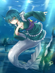 Rule 34 | 1girl, breasts, cheungchz, cleavage, curly hair, fins, green eyes, green hair, hand on own chest, head fins, highres, japanese clothes, light rays, matching hair/eyes, mermaid, monster girl, plant, smile, solo, sunbeam, sunlight, touhou, underwater, wakasagihime
