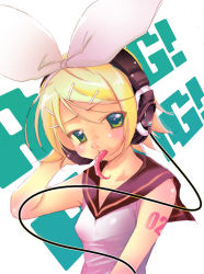 Rule 34 | 1girl, arm tattoo, blonde hair, bow, bow hairband, breasts, cable, collarbone, commentary request, eyes visible through hair, green eyes, hair bow, hair ornament, hairband, hairclip, headphones, kagamine rin, looking at viewer, medium breasts, mouth hold, number tattoo, red sailor collar, sailor collar, seguchi takahiro, short hair, sleeveless, solo, swept bangs, tattoo, upper body, vocaloid, white bow, white hairband