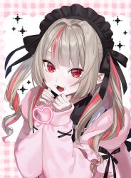 Rule 34 | absurdres, commentary request, fangs, frilled headwear, heart, highres, light blush, long hair, long sleeves, looking at viewer, makaino ririmu, nijisanji, open mouth, red eyes, tagme, tongue, virtual youtuber, yokujitsu