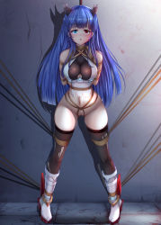 Rule 34 | 1girl, absurdres, arms behind back, azur lane, bdsm, bianfu yeyue, black thighhighs, blue eyes, blue hair, blunt bangs, blush, bondage, boots, bound, bound arms, bound legs, breasts, chestnut mouth, cleft of venus, clothing cutout, dress, full body, heterochromia, highres, horns, ibuki (azur lane), legs apart, long hair, looking at viewer, medium breasts, multiple horns, navel, parted lips, pussy, red eyes, shibari, sleeveless, solo, thighhighs, torn clothes, torn dress, torn thighhighs, underboob, underboob cutout, very long hair, white dress, white footwear