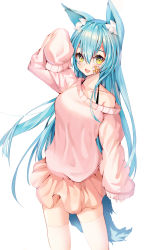 Rule 34 | 1girl, animal ear fluff, bandaid, bandaid on face, bare shoulders, beige skirt, blue hair, blush, collarbone, commentary request, fox girl, fox tail, hair between eyes, highres, kaku (walletbreaker), long hair, looking at viewer, off-shoulder sweater, off shoulder, open mouth, original, pink sweater, simple background, skirt, sleeves past fingers, sleeves past wrists, smile, solo, sweater, tail, thighhighs, very long hair, white background, white thighhighs, yellow eyes