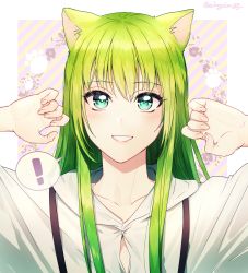 Rule 34 | !, absurdres, androgynous, animal ears, cat ears, collarbone, ede, enkidu (fate), fate/strange fake, fate (series), gender request, green eyes, green hair, grin, hair between eyes, highres, long hair, looking at viewer, shirt, smile, solo, speech bubble, straight hair, suspenders, upper body, white shirt