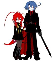 Rule 34 | 1boy, 1girl, absurdres, antenna hair, belt, black neckwear, blue hair, boots, bright pupils, buttons, capelet, collar, collared capelet, cross-laced footwear, demon boy, double-breasted, drill hair, full body, funamusea, gloves, grey gloves, hair between eyes, hand in pocket, high heel boots, high heels, highres, hijoushiki roc, holding, holding polearm, holding spear, holding weapon, knee boots, lace-up boots, lobco, lobster girl, lobster tail, long hair, long sleeves, losercat, multiple tails, necktie, oounabara to wadanohara, pale skin, pleated skirt, pointy ears, polearm, red collar, red eyes, red hair, red pupils, short hair, sideways glance, skirt, smile, spear, tail, twin drills, two tails, weapon, white background