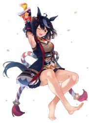 Rule 34 | 1girl, ;d, absurdres, ahoge, animal ears, armpits, barefoot, black hair, breasts, cleavage, cleavage cutout, clothing cutout, commentary, detached sleeves, full body, hair ribbon, highres, horse ears, horse girl, horse tail, kitasan black (umamusume), looking at viewer, medium breasts, multicolored hair, one eye closed, open mouth, red eyes, red ribbon, ribbon, short hair, sitting, smile, solo, streaked hair, tail, tamiku (shisyamo609), umamusume, white hair