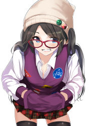 Rule 34 | 1girl, :d, beanie, black hair, black thighhighs, blue eyes, blush, breasts, collarbone, collared shirt, commentary request, cowboy shot, dress shirt, glasses, grin, hair through headwear, hands in pockets, hat, highres, idolmaster, idolmaster shiny colors, jacket, leaning forward, legs apart, long hair, long sleeves, looking at viewer, miniskirt, mitsumine yuika, open mouth, parted bangs, plaid, plaid skirt, pleated skirt, purple jacket, red-framed eyewear, schreibe shura, shirt, sidelocks, simple background, skirt, small breasts, smile, solo, standing, teeth, thighhighs, twintails, unbuttoned, unbuttoned shirt, white background, white hat, white shirt, zettai ryouiki