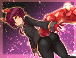 Rule 34 | 1girl, ass, blush, cougar (cougar1404), fang, formal, from behind, gloves, horns, looking at viewer, pants, red hair, short hair with long locks, smile, solo, suit, tail, yellow eyes