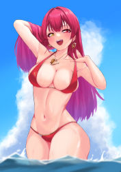 Rule 34 | 1girl, :d, absurdres, arm behind head, arm up, bikini, blue sky, blush, breasts, cleavage, cloud, collarbone, cowboy shot, earrings, gold earrings, gold necklace, gold trim, hair lift, hand up, heart, heart earrings, heart necklace, heterochromia, highres, hololive, houshou marine, houshou marine (summer), jewelry, large breasts, long hair, looking at viewer, navel, necklace, open mouth, red bikini, red eyes, red hair, shooot108, skindentation, sky, smile, solo, stomach, straight hair, strap pull, swimsuit, virtual youtuber, wading, water, wet, wide hips