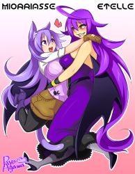 Rule 34 | 2girls, agawa ryou, age difference, ahoge, animal ears, artist name, bare shoulders, black wings, breasts, cape, cat ears, cat girl, cat tail, dress, female focus, gloves, high heels, hug, large breasts, long hair, multiple girls, open mouth, purple eyes, purple hair, red eyes, shoes, tail, very long hair, wings
