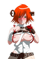 Rule 34 | 1girl, a.b.a, arc system works, bad id, bad pixiv id, bandages, blush, breasts, chain, female focus, fingerless gloves, gloves, green eyes, guilty gear, key, key in head, kishio (agedama), large breasts, lowres, nipples, object through head, red hair, short hair, simple background, solo, white background