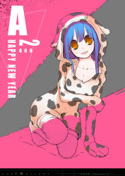 Rule 34 | 00s, 1girl, 2009, animal ears, animal print, aoki shin, bad id, bad pixiv id, blue hair, breasts, brown eyes, cleavage, cow ears, cow print, hood, horns, large breasts, long hair, new year, original, pajamas, solo, squatting, thighhighs, white thighhighs