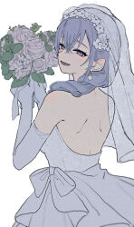 Rule 34 | 1girl, adxrhk, blue hair, blush, bouquet, bridal veil, commentary request, dress, earrings, elbow gloves, flower, gloves, highres, holding, holding bouquet, idolmaster, idolmaster shiny colors, jewelry, looking at viewer, looking back, shoulder blades, simple background, smile, solo, strapless, strapless dress, suzuki hana, veil, wedding dress, white background, white dress, white gloves