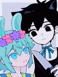Rule 34 | 0tz026, 2boys, animal ears, basil (headspace) (omori), basil (omori), black eyes, black hair, blue overalls, cat boy, cat ears, closed mouth, collarbone, colored skin, expressionless, fang, fang out, flower, green eyes, green hair, green shirt, head wreath, highres, holding, holding knife, kemonomimi mode, knife, looking at another, multiple boys, omori, omori (omori), overalls, parted lips, rabbit boy, rabbit ears, shirt, short hair, sweat, white skin