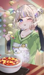 Rule 34 | 1girl, absurdres, alternate costume, blurry, blurry background, blush, bowl, commentary, eating, food, green shirt, hands up, highres, holding, holding spoon, hololive, hololive dev is, indoors, layered sleeves, long sleeves, looking at viewer, mapo tofu, multicolored hair, nyas0123, one eye closed, parted lips, print shirt, purple eyes, purple hair, shirt, short hair, short over long sleeves, short sleeves, smile, solo, spoon, streaked hair, sweat, todoroki hajime, two side up, upper body, virtual youtuber, white hair