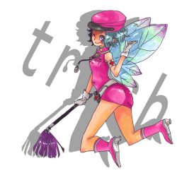 Rule 34 | 1girl, atlus, bad id, bad pixiv id, belt, blue hair, boots, fairy, female focus, gloves, hat, looking at viewer, looking back, nurse, one eye closed, persona, persona 1, persona 2, short hair, simple background, solo, ten, ten (ch), trish (persona), white background, wings, wink