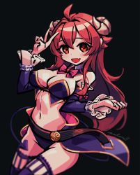 Rule 34 | 1girl, ahoge, arm up, artist name, bare shoulders, black background, blurry, bow, bowtie, breasts, brown hair, cape, cleavage, clenched hand, commentary, cowboy shot, curled horns, demon girl, demon horns, demon tail, detached collar, detached sleeves, eyebrows hidden by hair, fang, frilled sleeves, frills, hair between eyes, hand up, horns, large breasts, long hair, long sleeves, looking at viewer, low neckline, machikado mazoku, makaroll, midriff, navel, open mouth, orange eyes, panties, pink bow, pink bowtie, purple cape, purple panties, purple sleeves, purple thighhighs, skin fang, smile, solo, tail, thigh gap, thighhighs, thighs, underwear, v, very long hair, waist cape, yoshida yuuko (machikado mazoku)