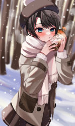 Rule 34 | 1girl, blue eyes, blush, bottle, bottle to cheek, brown hair, brown hat, brown jacket, brown skirt, closed mouth, commentary request, hat, highres, holding, holding bottle, hololive, jacket, layered sleeves, long sleeves, looking away, moonbell, oozora subaru, open clothes, open jacket, outdoors, pink scarf, pleated skirt, scarf, short hair, skirt, solo, sweater, translated, translation request, virtual youtuber, white sweater