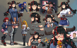 Rule 34 | 1boy, 4girls, ;d, \m/, animal ears, animification, arm cannon, arm up, backpack, bag, ball, bare arms, baron of hell, black-framed eyewear, black hair, black pantyhose, black thighhighs, blonde hair, blue hair, blue jacket, blue shorts, blunt bangs, blush, box, bra, braid, breasts, brown eyes, cacodemon, commentary, cow ears, cyberdemon, cyborg, dark-skinned female, dark skin, demon girl, dolphin shorts, doom (series), doom eternal, english commentary, fangs, fangs out, floating, freckles, giant, giantess, gift, gift box, glasses, green eyes, grey bra, highres, holding, holding bag, holding magnifying glass, hooves, horns, imp (doom), jacket, karaoke, large breasts, long hair, long sleeves, magnifying glass, mechanical arms, mechanical legs, monster girl, multiple girls, multiple views, musical note, necktie, one eye closed, open mouth, pantyhose, personification, plaid, plaid necktie, plaid skirt, red eyes, red hair, shirt, short hair, short sleeves, shorts, shoulder bag, shoulder spikes, single mechanical arm, single mechanical leg, skirt, sleeveless, sleeveless shirt, smile, soccer ball, sparkle, spikes, sports bra, substance20, thighhighs, twin braids, underwear, weapon, white shirt