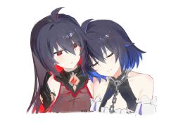 Rule 34 | 2girls, ahoge, bare shoulders, black hair, blue hair, chain, closed eyes, detached sleeves, dress, hair between eyes, head on another&#039;s shoulder, highres, honkai (series), honkai impact 3rd, light smile, long hair, looking at another, misaki d3su, multiple girls, red eyes, red hair, seele (alter ego), seele vollerei, seele vollerei (starchasm nyx), seele vollerei (stygian nymph), short hair, simple background, twitter username, upper body, white background, white dress