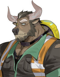 Rule 34 | 1boy, animal ears, another eidos-r, bara, breast pocket, brown fur, brown hair, closed mouth, collared shirt, commentary, construction worker, cow ears, cow horns, domay (another eidos), english commentary, furry, furry male, hard hat, helmet, high-visibility vest, highres, horns, looking to the side, male focus, minotaur, mismatched eyebrows, multicolored hair, muscular, muscular male, one-eyed, pocket, portrait, saltypoundcake, scar, scar on face, shirt, simple background, solo, streaked hair, thick eyebrows, three quarter view, white background, white hair