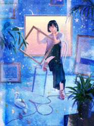 Rule 34 | 1girl, arm support, bird, black eyes, black hair, blue theme, chair, commentary, constellation, highres, indoors, light particles, light smile, looking at viewer, nakamura yukihiro, original, painting (object), picture frame, plant, potted plant, racket, shoes, short hair, sitting, sneakers, solo, star (symbol), surreal, swan, tennis racket