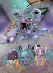 Rule 34 | 1girl, 4boys, android, andromon, angemon, angewomon, artist request, attack, cannon, claws, digimon, digimon (creature), digimon adventure, dragon, dragon boy, fangs, fighting, flying, full body, glowing, glowing eyes, highres, injury, looking at another, mugendramon, multiple boys, no humans, open mouth, robot, sharp teeth, skull, standing, teeth, wargreymon, yellow eyes