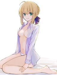 Rule 34 | 1girl, ahoge, artoria pendragon (all), artoria pendragon (fate), barefoot, bow, breasts, closed mouth, fate/stay night, fate (series), green eyes, hair bow, hair bun, hand on own leg, kneeling, long sleeves, looking at viewer, maru (pixiv51714255), medium breasts, navel, open clothes, open shirt, panties, saber (fate), single hair bun, smile, soles, solo, underwear, white panties