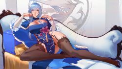 Rule 34 | 1girl, black panties, black thighhighs, blue cape, blue eyes, blue hair, breasts, cape, chinese clothes, cleavage, cleavage cutout, clothing cutout, commentary, couch, dangodes, english commentary, full body, fur trim, garter belt, garter straps, hair ornament, hand fan, hand on own cheek, hand on own face, high heels, highres, large breasts, legs, long bangs, long hair, lying, original, panties, pantyshot, paper fan, parted lips, solo, starsector, thighhighs, underwear, united aurora federation
