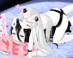 Rule 34 | 10s, 2girls, abyssal ship, airfield princess, bad id, bad pixiv id, battleship princess, black dress, black hair, blush, closed eyes, dress, highres, hornjob, horns, kantai collection, long hair, lying, multiple girls, on stomach, pale skin, personification, pillow, red eyes, short dress, skin-covered horns, syo 224, uncommon stimulation, white hair, yes, yes-no pillow, yuri