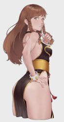 Rule 34 | 1girl, alternate costume, ass, bare shoulders, bracelet, braid, breasts, brown eyes, brown hair, capcom, cheshirrr, china dress, chinese clothes, chun-li, dress, earrings, grey background, halterneck, highres, jewelry, long hair, looking at viewer, looking back, looking to the side, medium breasts, no bra, no panties, parted lips, pelvic curtain, side slit, sideboob, simple background, solo, spiked bracelet, spikes, standing, street fighter, thighs, wide hips