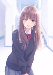 Rule 34 | 1girl, black cardigan, blue skirt, bow, bowtie, brown eyes, brown hair, cardigan, commentary request, cowboy shot, facing viewer, indoors, long hair, long sleeves, looking at viewer, nagidango, open mouth, original, pleated skirt, red bow, red bowtie, school uniform, skirt, smile, solo