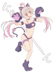 Rule 34 | 1girl, @ @, absurdres, ahoge, animal ears, animal hands, blonde hair, brown eyes, cat cutout, cat ears, cat lingerie, cat tail, choker, clothing cutout, fake animal ears, frilled choker, frills, gloves, highres, long hair, meme attire, onii-chan wa oshimai!, oyama mahiro, paw gloves, paw pose, paw shoes, qumata, solo, standing, standing on one leg, tail, tears, twintails, white background