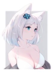 Rule 34 | 1girl, absurdres, andychen, animal ear fluff, animal ears, bare shoulders, bikini, blue eyes, breasts, cleavage, d-pad, d-pad hair ornament, fox ears, fox girl, hair between eyes, hair ornament, halterneck, highres, large breasts, looking away, medium hair, meridian project, mizuki (vtuber), parted lips, revision, solo, swimsuit, upper body, virtual youtuber, white bikini, white hair