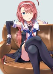 Rule 34 | 1girl, ahoge, arm at side, arm behind back, arm up, asymmetrical bangs, bad id, bad pixiv id, black thighhighs, blue eyes, blue necktie, blush, couch, crossed legs, elbow sleeve, fingerless gloves, gloves, hairband, kaeru (ka=l), kantai collection, kawakaze (kancolle), long hair, looking at viewer, low twintails, necktie, one eye closed, partially opened mouth, pleated skirt, sailor collar, school uniform, sidelocks, sitting, sitting on object, skirt, smile, solo, thighhighs, twintails, wink