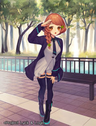 Rule 34 | 10s, 1girl, bench, black footwear, black jacket, black necktie, black thighhighs, boots, braid, brown eyes, brown hair, clover, clover hair ornament, copyright name, day, fountain, four-leaf clover, full body, hair ornament, hair over shoulder, hairclip, hand on own head, hand up, jacket, long hair, looking at viewer, luck &amp; logic, nanahoshi yukari, necktie, official art, open mouth, outdoors, pigeon-toed, railing, shoes, side braid, single braid, solo, standing, suguri (neroli), thighhighs, tree, water, watermark