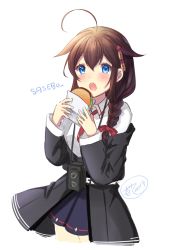 Rule 34 | 1girl, :o, ahoge, bad id, bad pixiv id, black jacket, blue eyes, blue skirt, braid, brown hair, burger, camera, camera around neck, collared shirt, commentary, eating, english commentary, food, hair flaps, hair ornament, hair over shoulder, hair ribbon, holding, holding food, ittokyu, jacket, kantai collection, long hair, looking at viewer, necktie, off-shoulder jacket, off shoulder, official alternate costume, red necktie, red ribbon, ribbon, shigure (kancolle), shigure kai ni (kancolle), shirt, simple background, single braid, skirt, solo, white background, white shirt