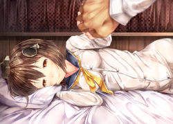 Rule 34 | 10s, 1girl, blurry, brown eyes, brown hair, depth of field, dress, headgear, highres, holding hands, kantai collection, looking at viewer, lying, neckerchief, on side, pillow, pov, sailor dress, short hair, smile, speaking tube headset, sugiyuu, yellow neckerchief, yukikaze (kancolle)