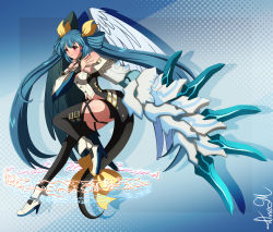 Rule 34 | 1girl, absurdres, alinesm, angel wings, artist name, ass, asymmetrical wings, bare shoulders, belt, black panties, black thighhighs, blue background, blue hair, blush, bow, breasts, buckle, chest belt, choker, cleavage, collarbone, detached sleeves, dizzy (guilty gear), full body, guilty gear, guilty gear xrd, hair ribbon, high heels, highres, large breasts, long hair, magic circle, monster girl, multiple belts, nail polish, open mouth, panties, red eyes, ribbon, simple background, skindentation, solo, tail, tail bow, tail ornament, tail ribbon, thigh strap, thighhighs, twintails, underwear, very long hair, wide sleeves, wings, xenomic, yellow bow, yellow ribbon