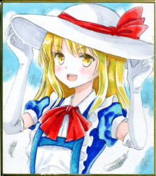 Rule 34 | 1girl, blonde hair, blue dress, bow, collared dress, dress, elbow gloves, frilled dress, frilled gloves, frills, gloves, hajike akira, hand on headwear, hat, hat bow, highres, kana anaberal, medium hair, open mouth, photo (medium), puffy short sleeves, puffy sleeves, red bow, red ribbon, ribbon, shirt, short sleeves, sun hat, touhou, touhou (pc-98), traditional media, white gloves, white hat, yellow eyes