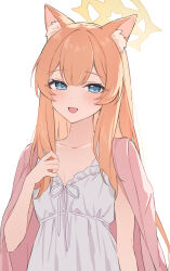 Rule 34 | 1girl, animal ear fluff, animal ears, blue archive, blue eyes, blush, camisole, collarbone, hair between eyes, halo, highres, long hair, looking at viewer, mari (blue archive), open mouth, orange hair, simple background, smile, solo, teti, upper body, white background, white camisole, yellow halo